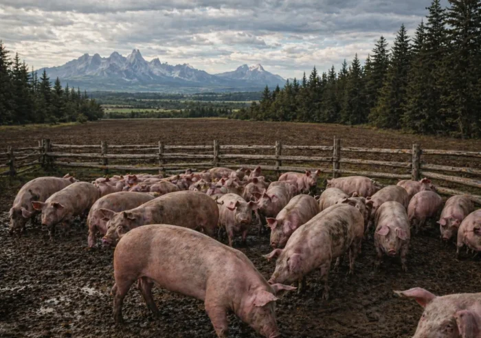Authentic pigs on an Iowa farm with a dark fantasy 'Bottoms' mountain overlay—inspiration for C.L. Kan's novel The Corruption Within.
